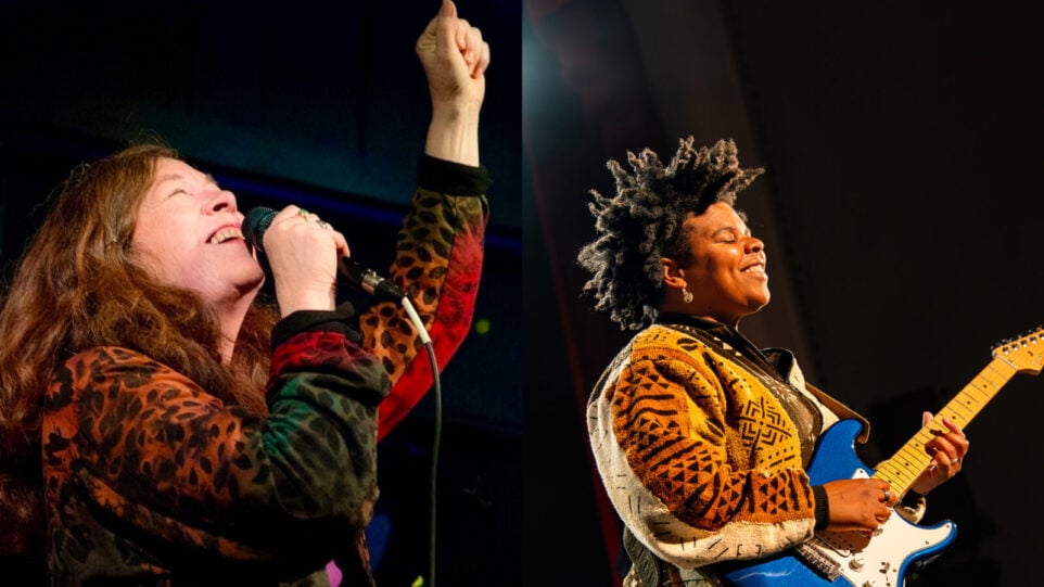 split screen photo of smiling woman w/raised left fist and smiling woman with guitar