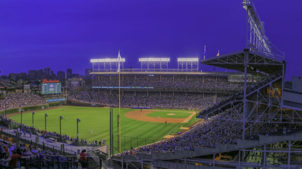 Wrigley Field at night with lights