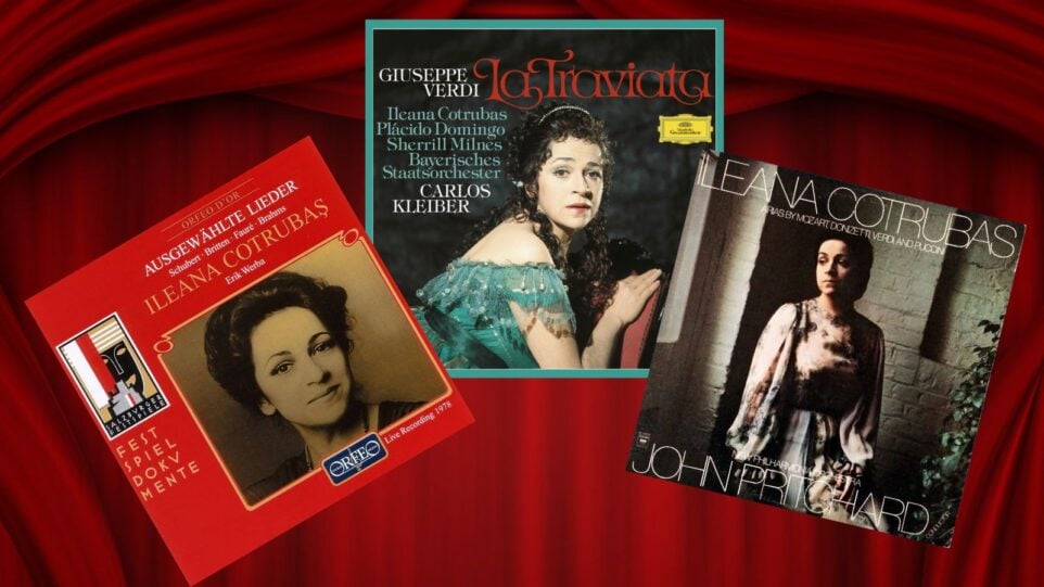 Collage of three Ileana Cotrubas albums; red curtain background. From left to righr: Salzburg Festival Lieder Recital, Carlos Kleiber conducts La Traviata, Opera Arias with John PRitchard.