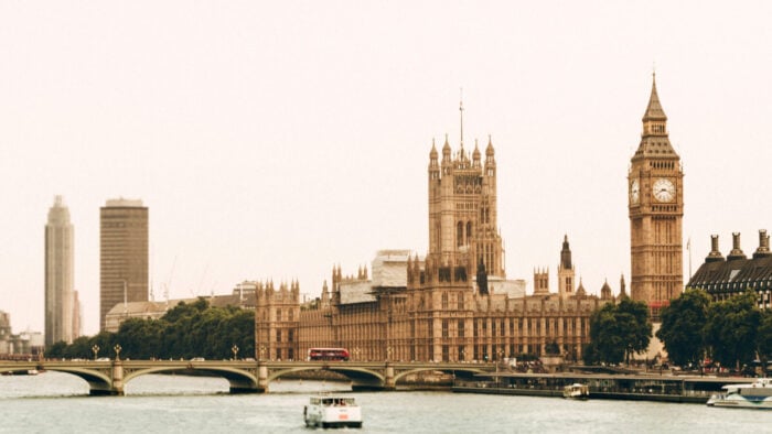 House of Parliament and Big Ben in London, a white sky background