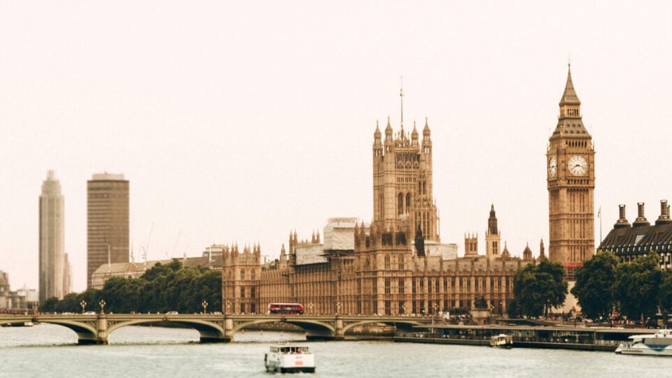 House of Parliament and Big Ben in London, a white sky background