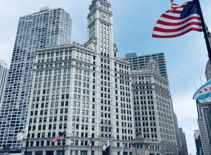 Wrigley building and American Flag