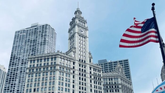 Wrigley building and American Flag