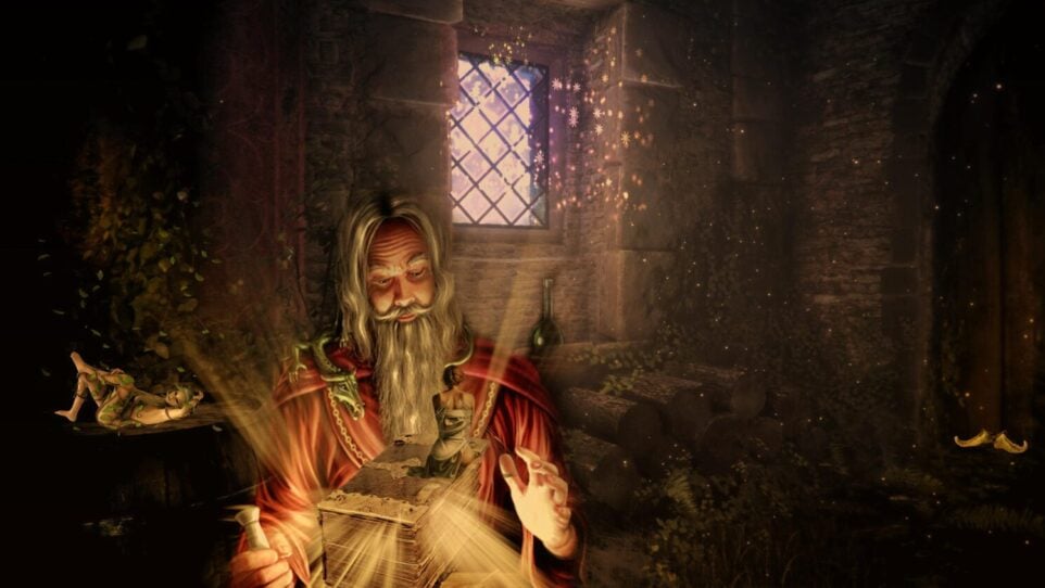 sorcerer consults his glowing book in a cellar