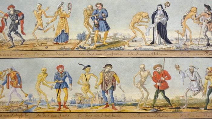Detail of watercolor copy of "Danse Macabre of Basel" showing 10 skeletons paired with 10 mortals.