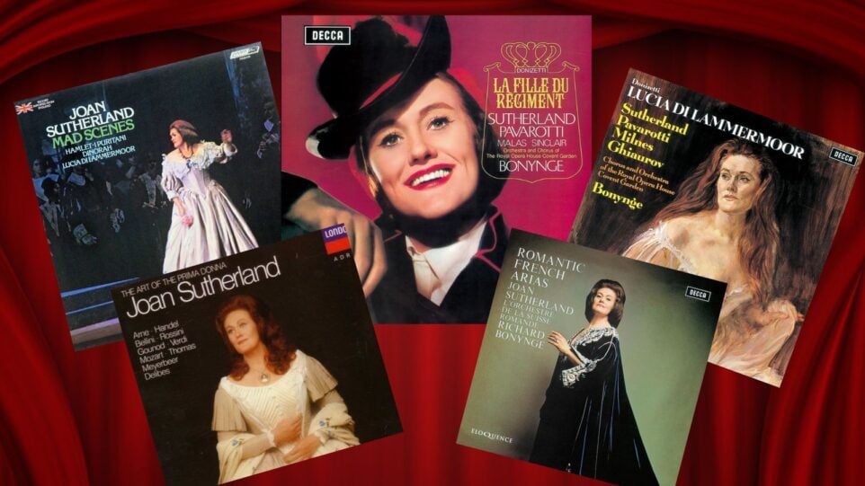 A collage of five Joan Sutherland albums with a red curtain background.