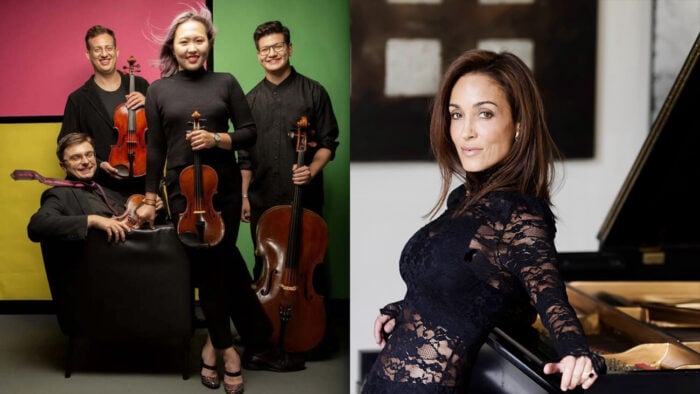 Balourdet String Quartet (Photo: Luke Ratray) and Pianist Marta Aznavoorian (Photo: Chicago fashion photographer)