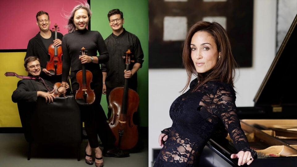 Balourdet String Quartet (Photo: Luke Ratray) and Pianist Marta Aznavoorian (Photo: Chicago fashion photographer)
