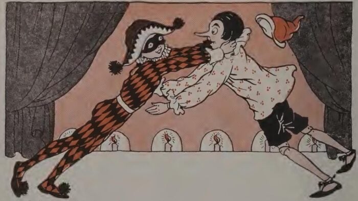 cartoon of harlequin throttling Pinocchio